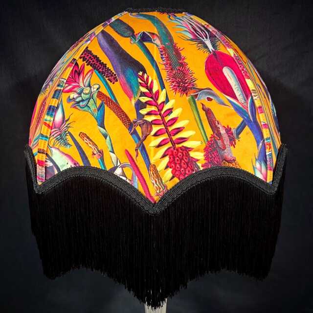 Botanical Velvet Lampshade Ochre Floral Print With Black Fringe - image 1