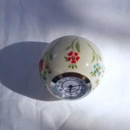 Small Desk Clock, Ball Shaped, Red Flowers, Table White Ceramic Shelf Handmade, Vintage Retro Style Clock, Ball - thumbnail 2