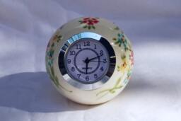 Small Desk Clock, Ball Shaped, Red Flowers, Table White Ceramic Shelf Handmade, Vintage Retro Style Clock, Ball