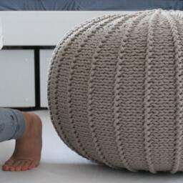 Hand Knitted Beige Pouf Ottoman Organic Cotton Footstool - thumbnail 2