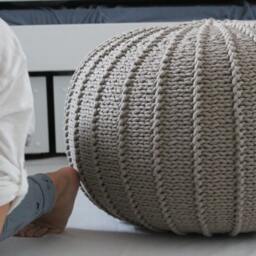 Hand Knitted Beige Pouf Ottoman Organic Cotton Footstool - thumbnail 3