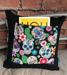 Sugar Skull Book Pillow, Handmade Cotton Cushion With Pocket - thumbnail 1