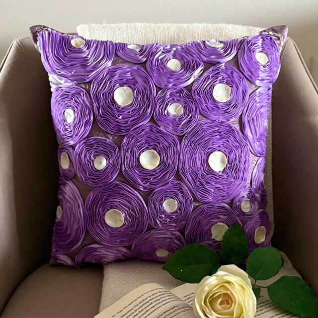 "Art Silk Ribbon Embroidered Lavender Purple Rose Decorative Pillow Sham, 24""x24""/26""x26" - image 1