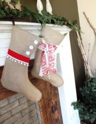 Burlap Christmas Stockings Pair Of Boot Style Stockings Custom Names Natural Burlap White & Red Handmade Family