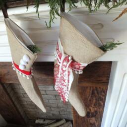 Burlap Christmas Stockings Pair Of Boot Style Stockings Custom Names Natural Burlap White & Red Handmade Family - thumbnail 2