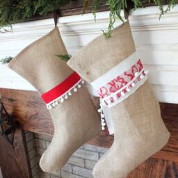 Burlap Christmas Stockings Pair Of Boot Style Stockings Custom Names Natural Burlap White & Red Handmade Family - thumbnail 3
