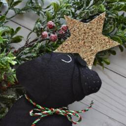 Handmade Pug Christmas Tree Topper Merino Wool Felt, Gold Star - thumbnail 2