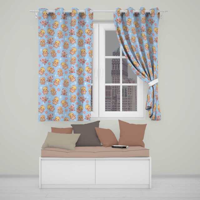 Cute Gingerbread Cookies Candy Stars Blue Background Seamless Pattern Readymade Eyelet Ring Top Thermal 100% Blackout Curtains - image 1