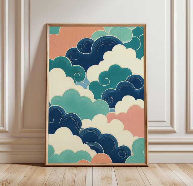 Teal Cloud Pattern Poster, Japanese Abstract Wall Art Print - image 1