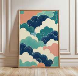 Teal Cloud Pattern Poster, Japanese Abstract Wall Art Print