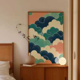 Teal Cloud Pattern Poster, Japanese Abstract Wall Art Print - thumbnail 2