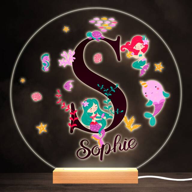 Sealife With Mermaids Alphabet Letter S Round Personalised Gift Lamp Night Light - Bedroom - image 1
