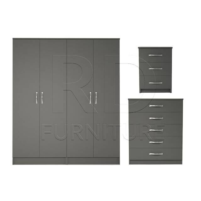 Bedroom Set, Black Set, Wardrobe, Mirrored Chest Of Drawers & Bedside Table. Ready Assembled - image 1