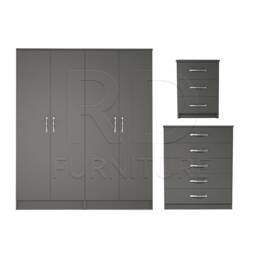 Bedroom Set, Black Set, Wardrobe, Mirrored Chest Of Drawers & Bedside Table. Ready Assembled