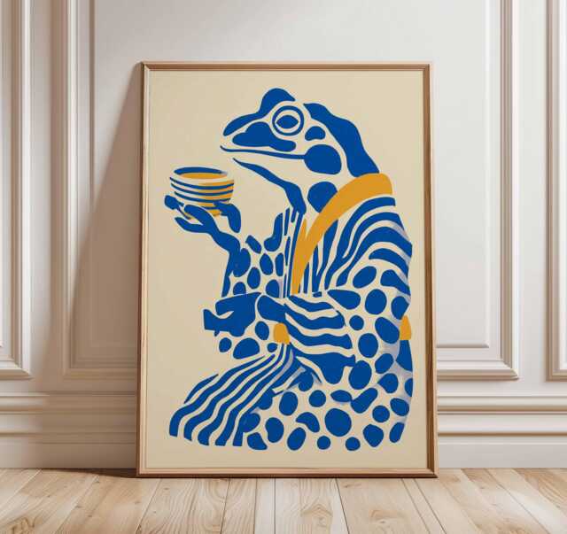 Frog Tea Ceremony Poster, Japanese Art Print, Blue & Yellow Wall Art, Whimsical Animal Illustration, Zen Home Decor, Modern Style - image 1