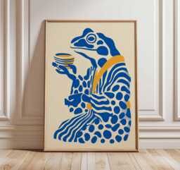 Frog Tea Ceremony Poster, Japanese Art Print, Blue & Yellow Wall Art, Whimsical Animal Illustration, Zen Home Decor, Modern Style - thumbnail 1