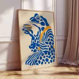 Frog Tea Ceremony Poster, Japanese Art Print, Blue & Yellow Wall Art, Whimsical Animal Illustration, Zen Home Decor, Modern Style - thumbnail 2