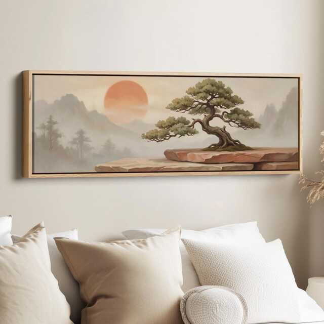 Bonsai Sunrise Scene Long Horizontal Wall Art Muted Green Tree & Terracotta Sun Above Bed Canvas - image 1