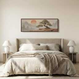 Bonsai Sunrise Scene Long Horizontal Wall Art Muted Green Tree & Terracotta Sun Above Bed Canvas - thumbnail 3