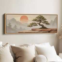 Bonsai Sunrise Scene Long Horizontal Wall Art Muted Green Tree & Terracotta Sun Above Bed Canvas - thumbnail 1