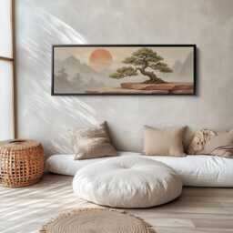 Bonsai Sunrise Scene Long Horizontal Wall Art Muted Green Tree & Terracotta Sun Above Bed Canvas - thumbnail 2