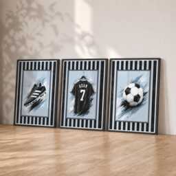 Blue Football Prints - Personalised Kids Bedroom Prints, Boys Soccer Wall Art Set Of 3