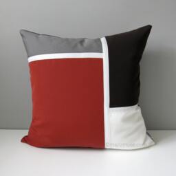 Terracotta Sunbrella Outdoor Pillow Cover With Gray & Dark Brown Color Block & White Trim Detail, Brick Red Grey Walnut Cushions - thumbnail 4