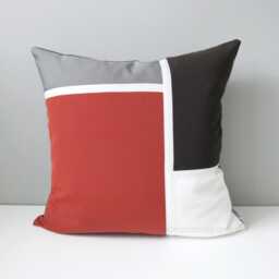 Terracotta Sunbrella Outdoor Pillow Cover With Gray & Dark Brown Color Block & White Trim Detail, Brick Red Grey Walnut Cushions