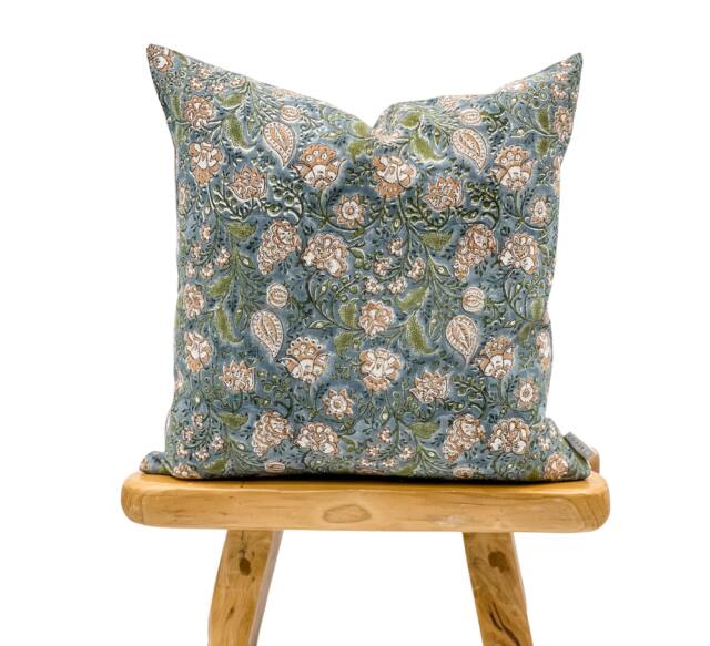 Designer Floral Print On Natural Linen Pillow Cover, Grey Blue Green & Beige Cover, Boho Pillow, Throw Pillow Cover - image 1