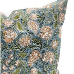 Designer Floral Print On Natural Linen Pillow Cover, Grey Blue Green & Beige Cover, Boho Pillow, Throw Pillow Cover - thumbnail 2