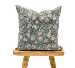 Designer Floral Print On Natural Linen Pillow Cover, Grey Blue Green & Beige Cover, Boho Pillow, Throw Pillow Cover - thumbnail 1
