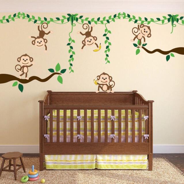 Monkey Jungle Tree Vine Forest Wall Decal Safari Birds Sticker Nursery Kids Room Decor Tropical Banana Custom Boys Girls Set #3018 - image 1