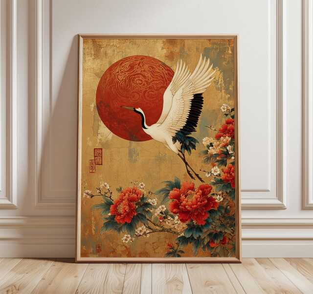 Japanese Crane Ukiyo-E Art Print, Red Peony Gold Wall Decor, Traditional Asian Poster - image 1