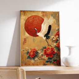 Japanese Crane Ukiyo-E Art Print, Red Peony Gold Wall Decor, Traditional Asian Poster - thumbnail 2