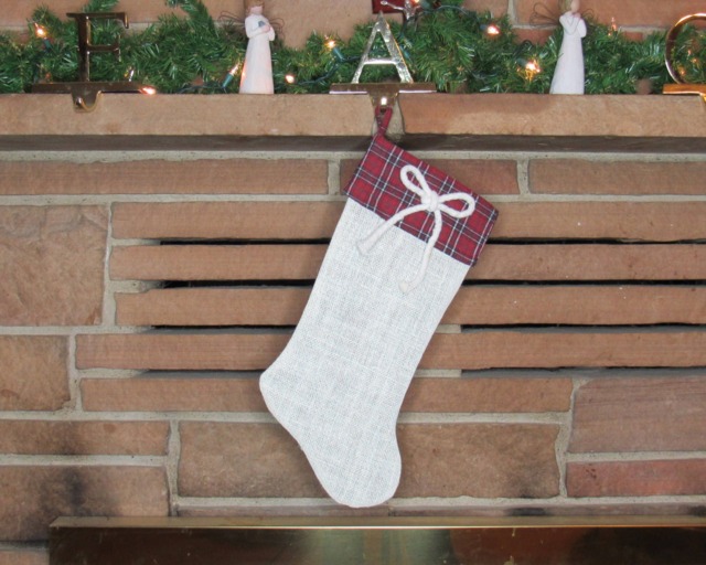 Farmhouse Christmas Stocking Burlap, Red Plaid Cuff & Rope Bow - image 1
