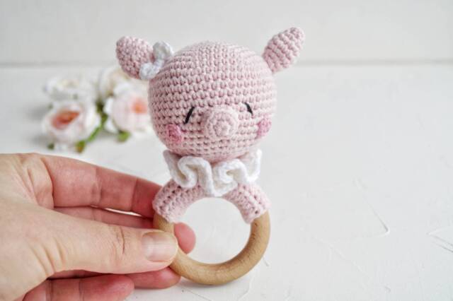 Pig Cotton Baby Toy, Pink Girl Gift, Farm Animal Shower Gift Box, Organic Natural Personalized Piglet Nursery - image 1