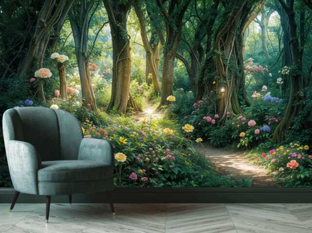 Enchanted Magical Forest Trees Girls Room Wall Decor Gift, Art Print Photomural Wallpaper Mural Easy-Install Removeable Peel & Stick Decal
