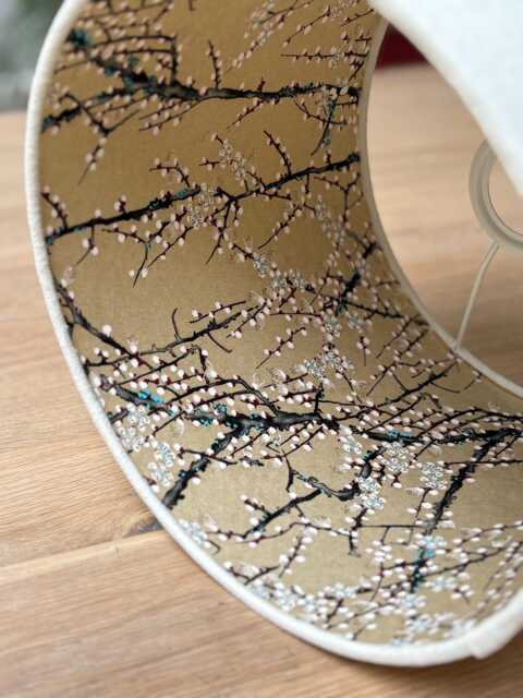Luxury Lampshade Using Beautiful Japanese Chirugami - Yuzen Paper Cream Linen Exterior, Gold Blossom Interior - image 1