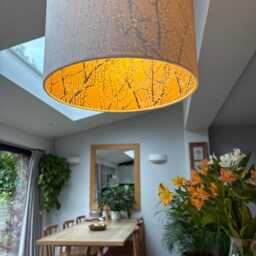 Luxury Lampshade Using Beautiful Japanese Chirugami - Yuzen Paper Cream Linen Exterior, Gold Blossom Interior - thumbnail 3