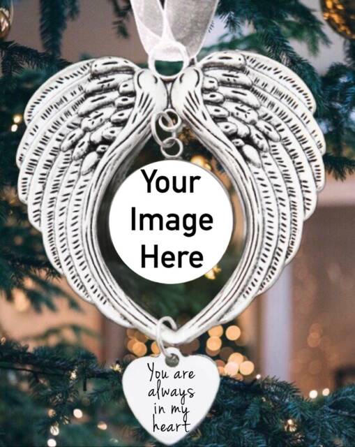 Photo Memorial Christmas Tree Charm Personalised Image Decoration - Angel Wings Ornament in Loving Memory Gift - image 1