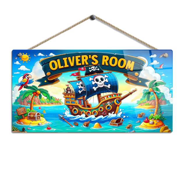 Personalised Children's Room Sign With Name. Pirate Ship Treasure Island - 9 Gloss Metal Wall Art. Baby, Toddler, Infant Or Childs Bedroom - image 1