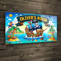 Personalised Children's Room Sign With Name. Pirate Ship Treasure Island - 9 Gloss Metal Wall Art. Baby, Toddler, Infant Or Childs Bedroom - thumbnail 2