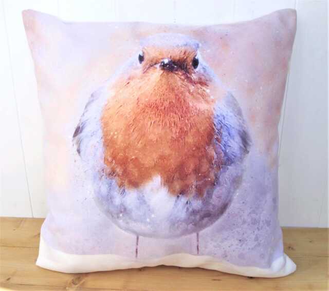 Winter Robin Cushion, Artist Watercolour Print Bird Pillow, Cover Only Or + Pad - image 1