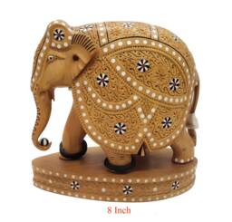Wooden Elephant Undercut Inlay Work Decorative Floral Design - thumbnail 1