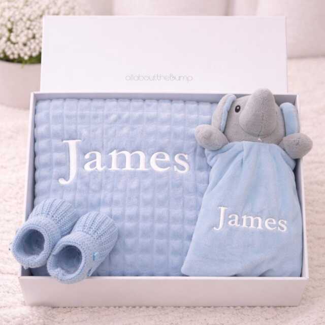 Embroidered Blue Blanket Or Elephant Comforter - Personalised Wrap & Booties Gift Set - New Baby Boy Babyshower Newborn - image 1