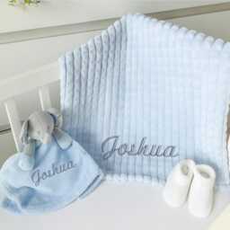 Embroidered Blue Blanket Or Elephant Comforter - Personalised Wrap & Booties Gift Set - New Baby Boy Babyshower Newborn - thumbnail 3