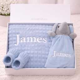 Embroidered Blue Blanket Or Elephant Comforter - Personalised Wrap & Booties Gift Set - New Baby Boy Babyshower Newborn