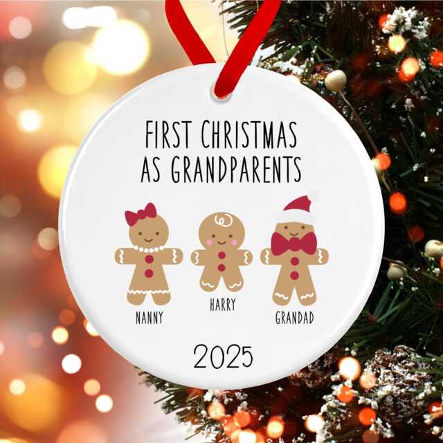 First Christmas As Grandparents Bauble - Ceramic Gingerbread Family Ornament Decoration Personalised Names - image 1