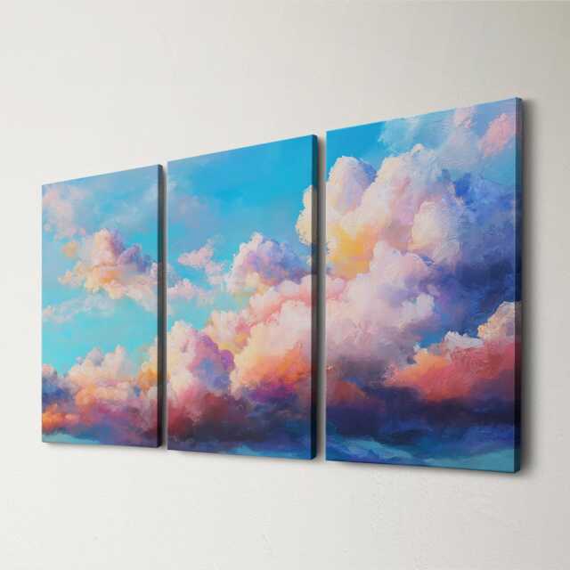 Cloud Oil Painting Triptych, Vibrant Canvas Wall Art, Nature Decor For Living Room, 3-Piece Set, Home - image 1