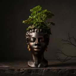 Cast Stone Bust Planter - Woman Profile Sculpture, Gold Earrings, Handmade UK - thumbnail 3